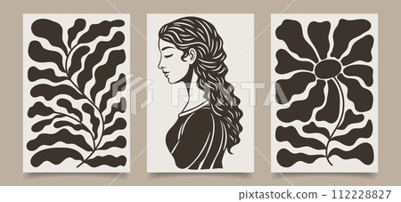 A set of posters with a silhouette of a woman, flowers and plants. Modern tapestries in boho style. Retro botanical print. Vector 112228827