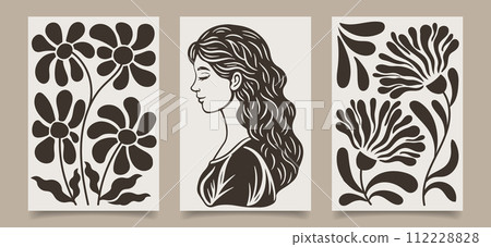 A set of posters with a silhouette of a woman, flowers and plants. Modern tapestries in boho style. Retro botanical print. Vector 112228828
