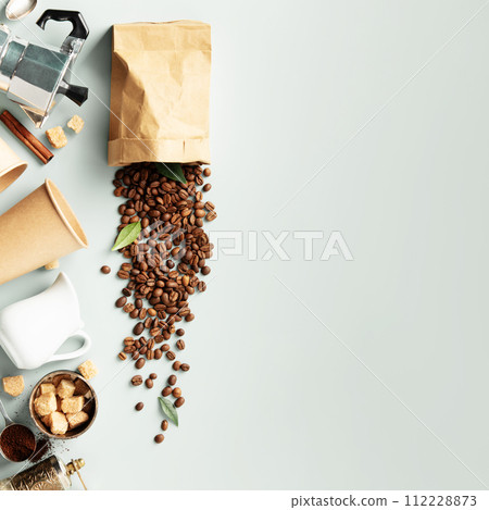 Coffee Essentials Flat Lay with Copyspace 112228873