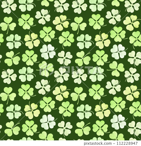 St. Patrick's day watercolor hand drawn seamless pattern with clovers on dark green background. Shamrock endless backdrop for irish holiday. Good luck, you are lucky, four leaf clover, three leaf 112228947