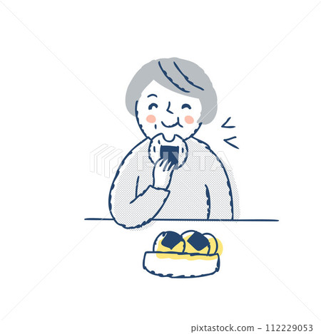 A woman eating rice crackers with a smile 112229053