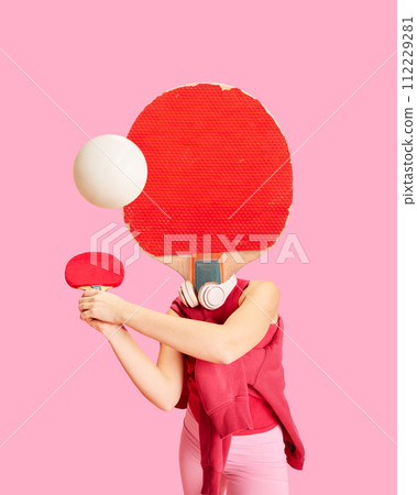 Contemporary art collage. Young woman with ping pong racquet preparing to hitting ball against vibrant pink background. Contemporary art collage. Young woman with ping pong racquet preparing to hitting ball against vibrant pink background. 112229281