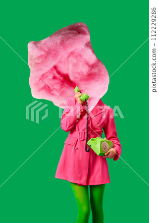 Contemporary art collage. Young woman in bright attire cotton candy instead of head talking on retro phone against vibrant background. Contemporary art collage. Young woman in bright attire cotton candy instead of head talking on retro phone against vibrant background. 112229286