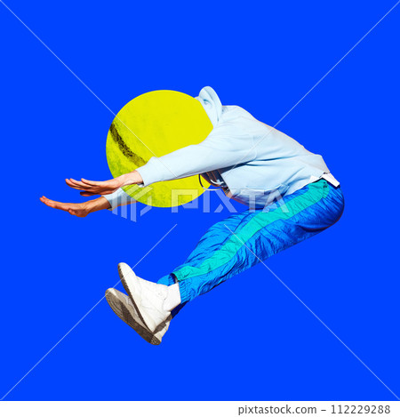 Contemporary art collage. Young man with huge tennis ball instead of head jumping in motion against vibrant blue background. 112229288