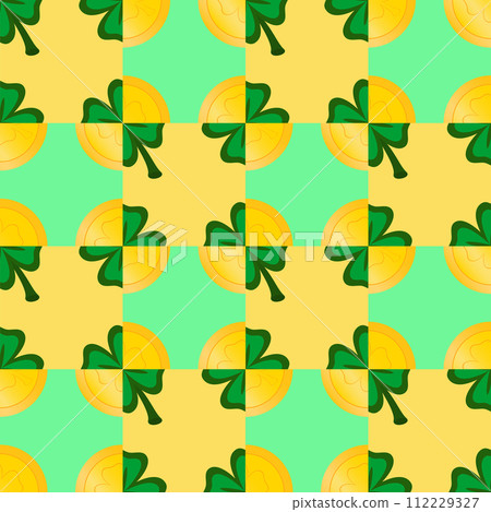 Vector seamless geometric pattern for St. Patrick's Day. Gold coins and clover. 112229327