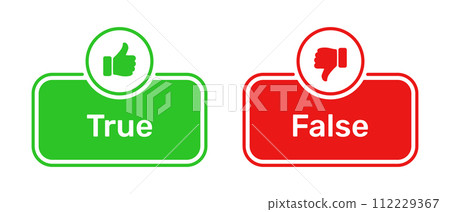 Like and Dislike symbols with True and False buttons in green and red. True False icons with thumbs up and thumbs down symbols. Check box icon with thumbs up and down symbol with true false buttons. 112229367