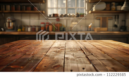 AI-generated content. Empty wooden table with blurred kitchen background in warm sunlight 112229385