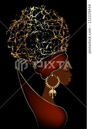 Black queen, portrait of African woman in Afro Curly hair, luxury golden earrings and turban. Vector illustration isolated on black background. Black queen, portrait of African woman in Afro Curly hair, luxury golden earrings and turban. Vector illustration isolated on black background. 112229434