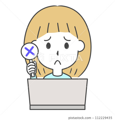 Illustration of a woman holding a cross in front of a laptop Illustration of a woman holding a cross in front of a laptop 112229435