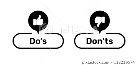 Do's and Don'ts buttons with like and dislike symbols black color. Do's and Don'ts buttons with thumbs up and thumbs down symbols. Check box icon with thumbs up and down sign with do and don't buttons 112229574