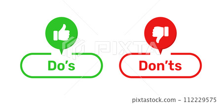 Do's and Don'ts buttons with like and dislike symbols color. Do's and Don'ts buttons with thumbs up and thumbs down symbols. Check box icon with thumbs up and down sign with do and don't buttons. 112229575
