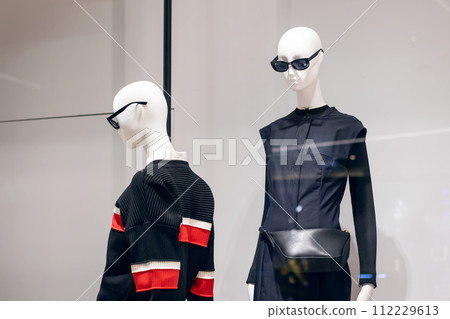 Female mannequin in gray jacket close up Female mannequin in gray jacket close up 112229613