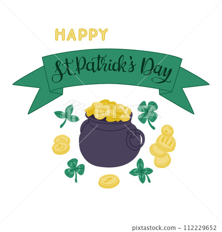 Happy St Patricks day calligraphic greeting card. Irish culture concept. Vector typography design for banner, poster, card. Modern vector calligraphy isolated on white background. 112229652