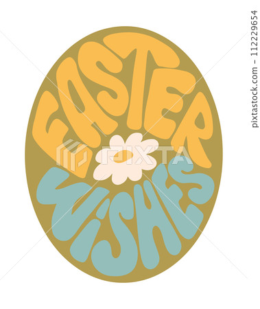 Egg shape Easter lettering in groovy style. Slogan Easter Wishes in retro hippie style. Trendy print design for posters, cards, shirt print social media graphics. Holiday composition 112229654