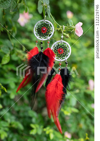 Handmade dream catcher with feathers threads and beads rope hanging 112229746