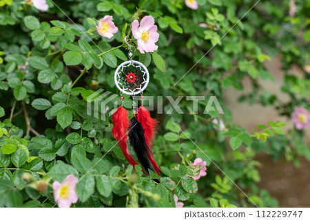Handmade dream catcher with feathers threads and beads rope hanging 112229747