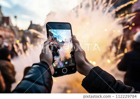 Smartphone Capturing Fireworks 112229784