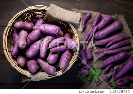 Purple Potatoes in Basket 112229785