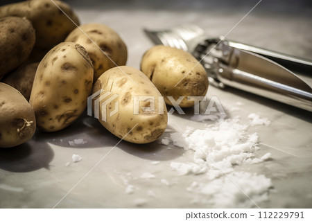 Raw Potatoes and Kitchen Peeler 112229791