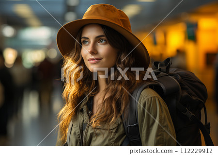 AI-generated content. Travel, happy young woman with backpack and hat, at airport or train station.  112229912