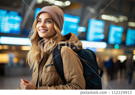 AI-generated content. Travel, happy young woman with backpack, at airport or train station.  112229913