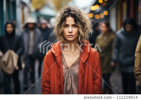 AI-generated content. Portrait of sad mature woman looking at camera. Evening, city view, outdoor.  112229914