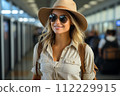 AI-generated content. Travel, happy young woman with backpack and sun hat, at airport or train station.  112229915