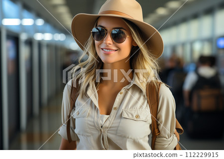 AI-generated content. Travel, happy young woman with backpack and sun hat, at airport or train station. AI-generated content. Travel, happy young woman with backpack and sun hat, at airport or train station. 112229915