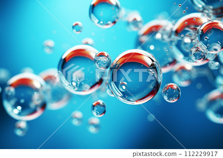 AI-generated content. Liquid hyaluronic gel, abstract closeup bubbles, over blue background. Aging, skin care concept 112229917