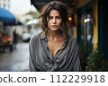 AI-generated content. Portrait of sad mature woman looking at camera. Outdoor portrait 112229918