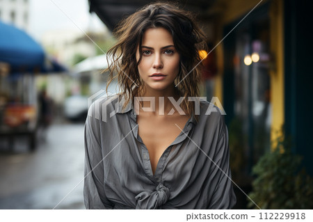 AI-generated content. Portrait of sad mature woman looking at camera. Outdoor portrait AI-generated content. Portrait of sad mature woman looking at camera. Outdoor portrait 112229918