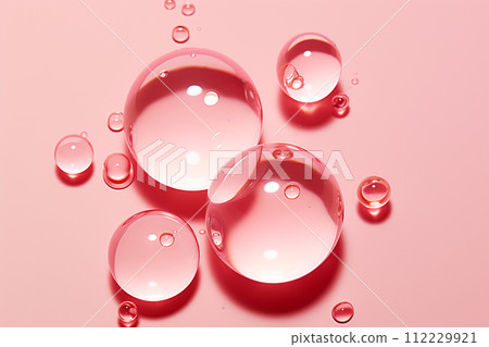 AI-generated content. Liquid hyaluronic gel bubbles over pink background. Aging, skin care concept 112229921