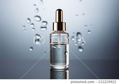 AI-generated content. Liquid hyaluronic gel cosmetic, transparent bottle with pipette, over blue background. Aging, skin care concept AI-generated content. Liquid hyaluronic gel cosmetic, transparent bottle with pipette, over blue background. Aging, skin care concept 112229922