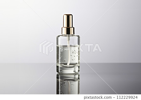 AI-generated content. Liquid hyaluronic gel cosmetic, transparent bottle with pipette. Aging, skin care concept AI-generated content. Liquid hyaluronic gel cosmetic, transparent bottle with pipette. Aging, skin care concept 112229924