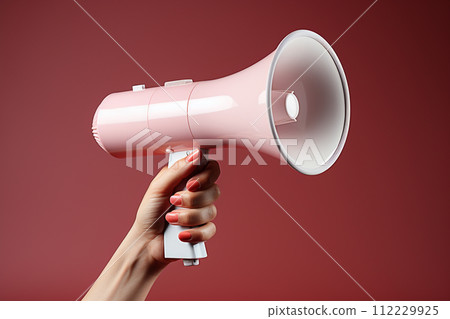 AI-generated content. Pink megaphone isolated in female's hand. AI-generated content. Pink megaphone isolated in female's hand. 112229925