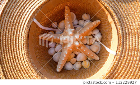 Big starfish and seashells in summer straw hat on sandy beach. Rest by the sea. 112229927