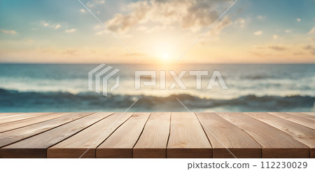 Empty Wooden Table with Sunny Sea 112230029