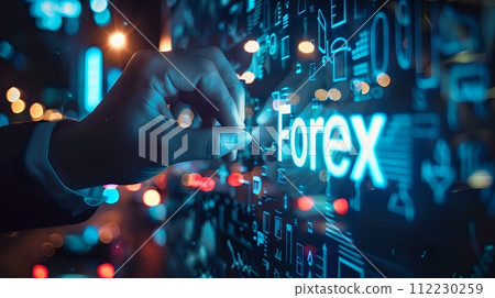 A hand touching a digital screen with the word "Forex" in the c 112230259