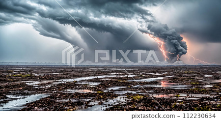 The raw power of a tornado by focusing on its twisting motion as it ravages the landscape The raw power of a tornado by focusing on its twisting motion as it ravages the landscape 112230634