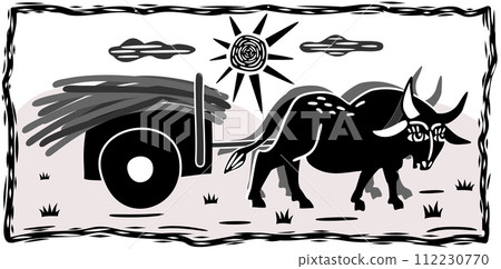 Ox cart. Brazilian northeast cordel woodcut illustration Ox cart. Brazilian northeast cordel woodcut illustration 112230770