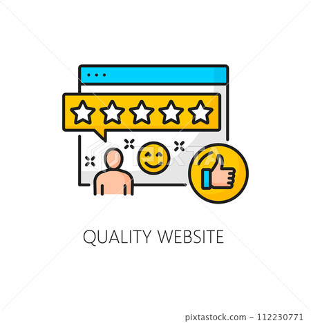 Quality website. Sem. Search engine marketing isolated vector thin line icon showcasing pc screen, thumb up, and customer feedback with five stars. Web content optimization strategy stroke sign 112230771