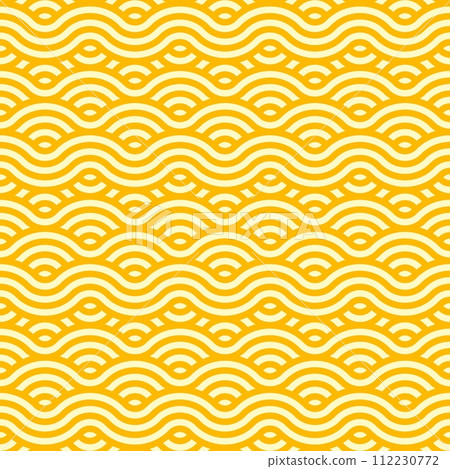 Ramen noodle pasta seamless pattern background. Vector tile featuring enticing, delectably intertwined macaroni or spaghetti strands in yellow colors, forming an appetizing and visually pleasing waves 112230772