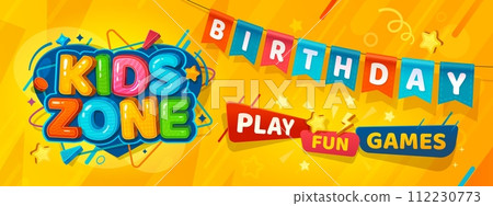 Kid zone banner for birthday party area playground or playroom, vector background. Fun and game play room for child, cartoon text letters on flags for kid zone birthday party with star confetti 112230773