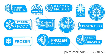 Blue frozen cold product icons, labels and badges. Isolated vector set of stickers Feature snowflakes or frost and thermometer symbols. Elements for for packages or frosty food preservation items 112230775