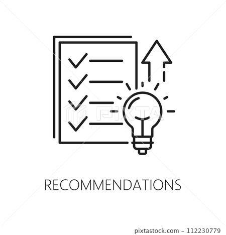 Recommendations. Web audit icon. Web content report, SEO survey control or marketing campaign traffic analysis linear vector symbol, website data research line pictogram with idea lamp bulb, checklist Recommendations. Web audit icon. Web content report, SEO survey control or marketing campaign traffic analysis linear vector symbol, website data research line pictogram with idea lamp bulb, checklist 112230779