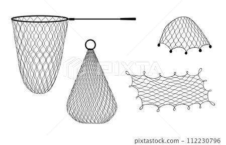 Fishing net and trap, trawl, fish tank and seine, vector fishery and fishing sport equipment. Fisherman rope mesh fishnet and sea water fish traps, hand scoop net and marine ship seine 112230796