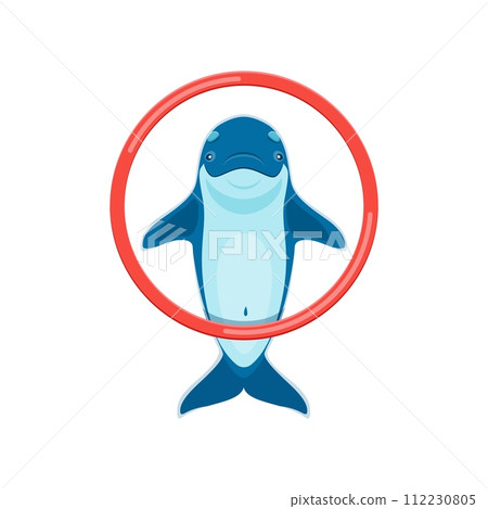 Cartoon dolphin character gracefully leaps through a hoop, showcasing its joyous, playful spirit and aquatic prowess with splash of animated exuberance. Isolated vector aquatic personage perform show Cartoon dolphin character gracefully leaps through a hoop, showcasing its joyous, playful spirit and aquatic prowess with splash of animated exuberance. Isolated vector aquatic personage perform show 112230805