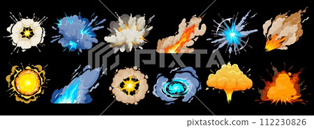 Cartoon bomb explosions, smoke and boom blast clouds, vector icons. Atomic bomb mushroom explode or TNT dynamite explosion with fire burn, firework boom flash or pop puff and burst rays of explosives 112230826