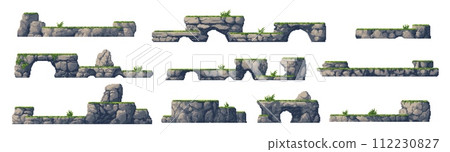 8bit arcade pixel art game platforms with rock stones and green grass. Isolated vector set of 2d elements, nostalgic videogame landscape, obstacles, classic gaming objects for retro-inspired adventure 8bit arcade pixel art game platforms with rock stones and green grass. Isolated vector set of 2d elements, nostalgic videogame landscape, obstacles, classic gaming objects for retro-inspired adventure 112230827
