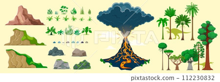 Jungle and dinosaur era environment game assets. Volcano, plants and trees, rock, stones and palms vector elements of jurassic prehistoric nature landscape. Dinosaur game UI, user interface assets 112230832